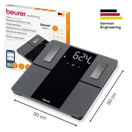 Beurer BF 500 diagnostikas svari ar Bluetooth un lietotni, digitālie ķermeņa tauku svari ar 180 kg celtspēju, analītiskie svari ķermeņa tauku, muskuļu procentuālās daļas, kaloriju nepieciešamības u.c. mērīšanai, XL displejs