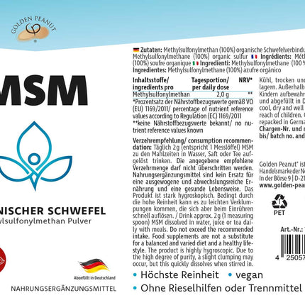 ZELTA ZEMESRIEKSTU MSM 1 kg bundža, metilsulfonilmetāns, augstākā tīrība, organiskais sērs bez piedevām un pretsalipes vielām