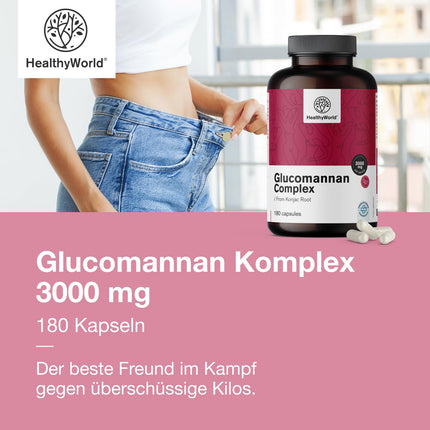 HealthyWorld® glikomanāna komplekss 3000 mg – no konjaka saknes – 180 kapsulas – svara zaudēšanas atbalstam – ar pievienotu holīnu, hromu, D3 un B3 vitamīniem – bez ĢMO – 1 mēneša krājums