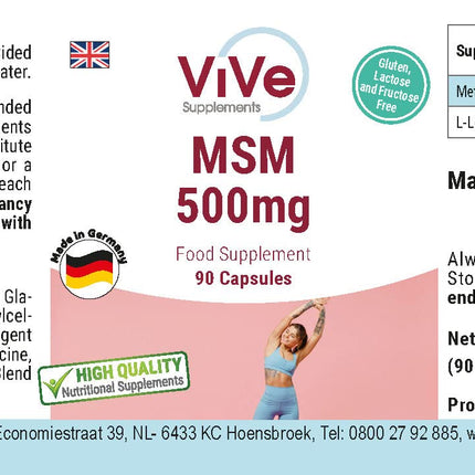 MSM 500 mg - 90 kapsulas - organiskais sērs - metilsulfonilmetāns - 3000 mg dienas deva - liela deva un vegānisks | Kvalitāte no Vācijas - ViVe uztura bagātinātāji