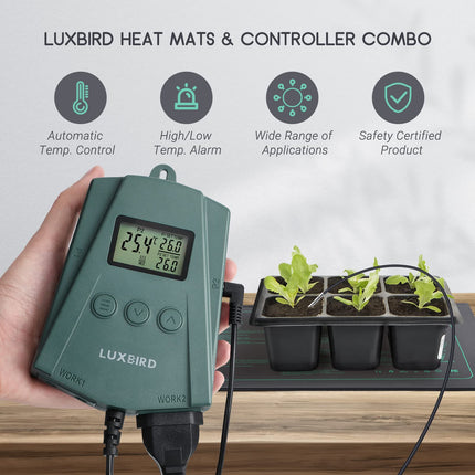 Luxbird apkures paklājiņš ar termostata regulatoru augu un stādu dīgšanai, apkures paklāju komplekts, 2 gabali, 21 W iekštelpu siltumnīcas apkures paklājiņš 10"x20,75", automātiska temperatūras kontrole