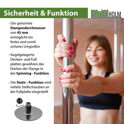 TRUTZHOLM Pole Dance Professional melnā vai hromā, apm. 231–274 cm Ø 45 mm Statiskā un vērpšanas vingrošana bez urbšanas Fitness (sudraba krāsā)