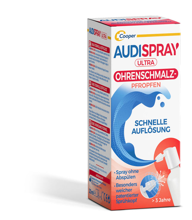 AUDISPRAY Ultra - Ausu sēra aizbāžņu ārstēšana - Ātra ausu sēra aizbāžņu izšķīdināšana - Ausu - Sprejs 20 ml