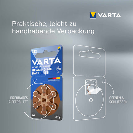 VARTA dzirdes aparātu baterijas, 312. tips, brūnas, 60 baterijas, uzglabāšanas iepakojums, barošana pēc pieprasījuma, bezvadu apstiprinājums, p 312 izmērs dzirdes aparātiem un dzirdes palīglīdzekļiem, ražotas Vācijā
