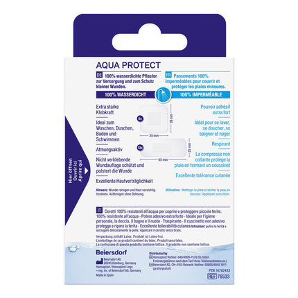 Hansaplast Aqua Protect plāksteri (20 strēmelītes), ūdensizturīgi brūču plāksteri ar īpaši spēcīgu līmi, pašlīmējošs plāksteris, kas ideāli piemērots dušošanai, peldēšanai un vannošanai.