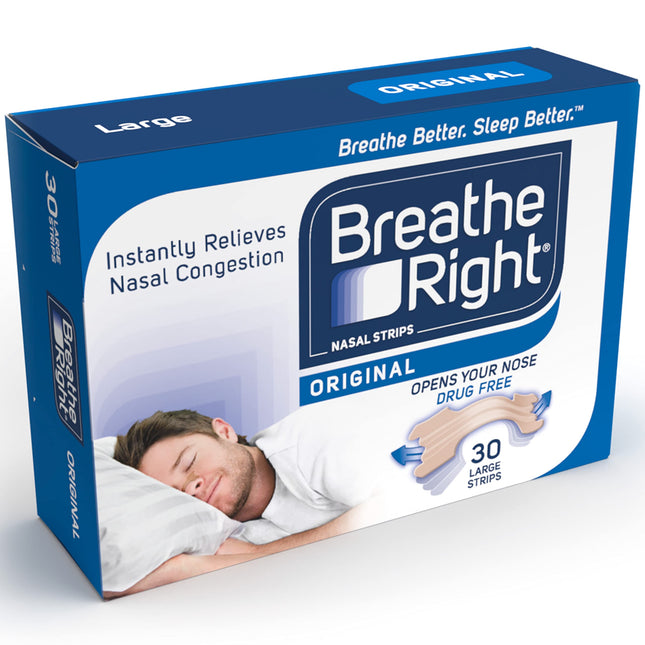 Breathe Right deguna plāksnītes, oriģinālās, lielās, 30 gab., acumirklī mazina deguna aizlikumu, palīdz mazināt krākšanu, bez medikamentiem, krākšanas atvieglojums vīriešiem un sievietēm, 30 gab. (1 gab.)