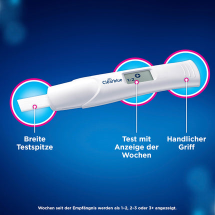 Clearblue grūtniecības testa kombinētais iepakojums — dubultā pārbaude agrīnai un nedēļai, 2 testi (1 digitālais 25 mSV/ml, 1 vizuālais 10 mSV/ml), grūtniecības tests, agrīns grūtniecības tests, grūtniecības nedēļas noteikšana