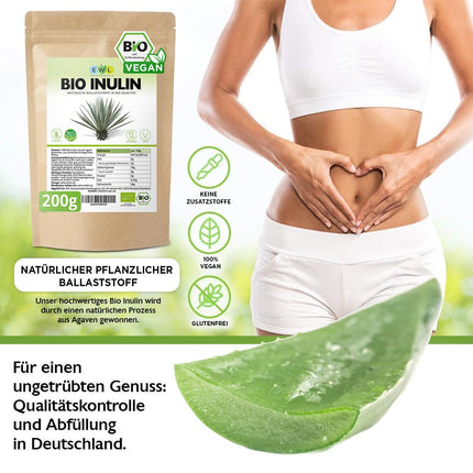 EWL Natural Products inulīna pulveris ORGANISKS 200 g, šķiedrvielu pulveris, kas iegūts no agaves, inulīna pulveris, kas iegūts bioloģiski kontrolētā bioloģiskā audzēšanā.