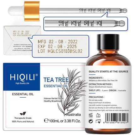 HIQILI 100 ml tējas koka eļļa, 100% tīra dabīga tējas koka eļļa difuzoram, pūtītēm, ādai, nagiem, komplektā ceļojumu pudelīte