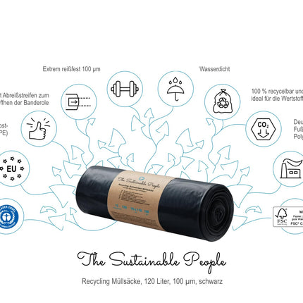TSP izturīgie atkritumu maisi 120L - izgatavoti no vismaz 90% pēcapstrādes atkritumiem (PE) - Blue Angel sertificēti - ārkārtīgi izturīgi pret plīsumiem - 15 ruļļu iepakojums - mūsu izturīgākie (100 μm) - ideāli piemēroti īpaši smagiem atkritumiem
