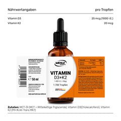 D3 K2 vitamīna pilieni augstā devā [1000 SV] - D3 K2 vitamīns augstā devā - D K2 vitamīns - D3 K2 vitamīna eļļa - D3 K2 vitamīns 1000 SV - 50 ml 1700 pilieni - Augsta biopieejamība - LABORATORIJAS TESTĒTS Wehle Sports®