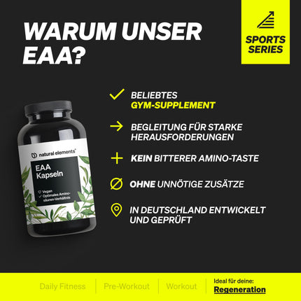 EAA kapsulas ar augstu devu – 300 kapsulas – 8 neaizvietojamās aminoskābes – vegānisks, bez nevajadzīgām piedevām – ražots Vācijā un laboratorijā pārbaudīts