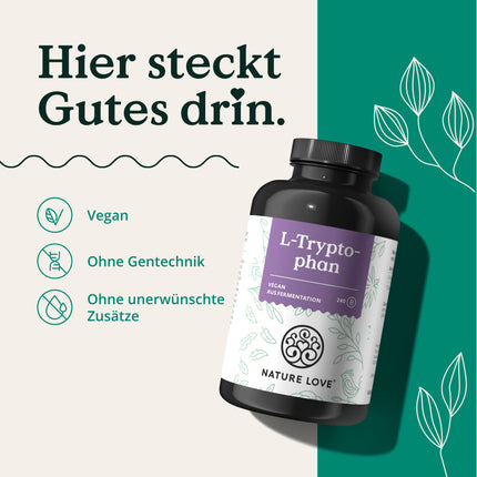 NATURE LOVE® L-triptofāns - 240 kapsulas, laboratoriski pārbaudītas, lielas devas ar 500 mg dienā, vegānisks un ražots Vācijā - bez nevajadzīgām piedevām