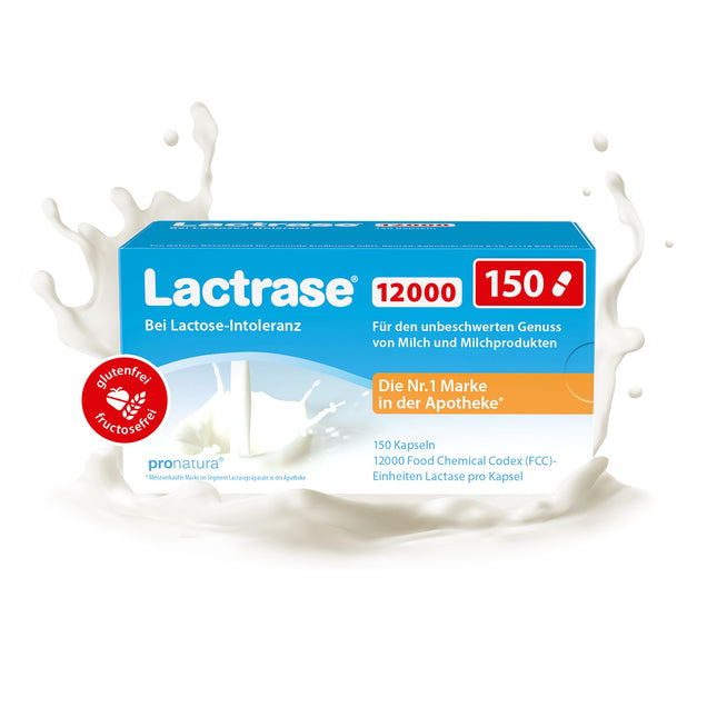 pro natura Lactrase 12000 – 150 laktāzes kapsulas laktozes nepanesības gadījumā, lai bezrūpīgi baudītu pienu un piena produktus