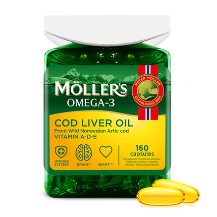 Moller's ® | Mencu aknu eļļas kapsulas | Omega-3 taukskābes DHA un EPA, Satur A, D un E vitamīnus, Atbalsta imūnsistēmu, sirds darbību, smadzeņu darbību un redzi | 160 gabali