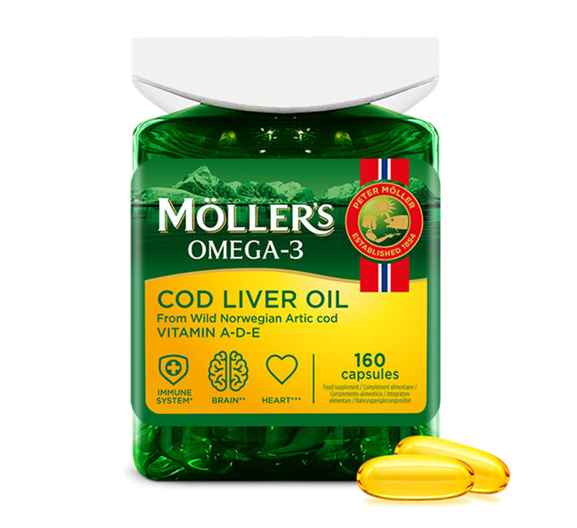 Moller's ® | Mencu aknu eļļas kapsulas | Omega-3 taukskābes DHA un EPA, Satur A, D un E vitamīnus, Atbalsta imūnsistēmu, sirds darbību, smadzeņu darbību un redzi | 160 gabali