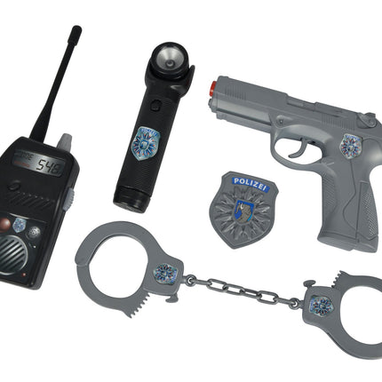 Simba 108108525 - Policijas aprīkojums koferī, pārnēsāšanas koferis ar pistoli, roku dzelžiem, rāciju, nozīmīti, lukturīti, 28x25x5cm, no 3 gadu vecuma, pelēks