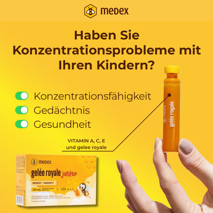 Medex Royal Jelly JUNIOR, svaigs peru pieniņš 250 mg, ar dabīgiem A, C un E vitamīniem, lieliska garša, bez saldinātājiem, bērniem no 3 gadu vecuma, šķidrums ampulās 10 x 9 ml