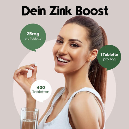 Cinka tabletes ar augstu devu 25 mg - 400 tabletes ar augstu devu ar cinka bisglicinātu - Vegāns un ražots Vācijā - Laboratorijā pārbaudīts