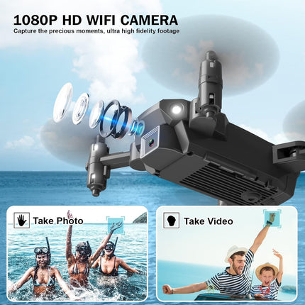 Wipkviey T25 drons ar 1080p kameru, salokāmi mini droni iesācējiem un pieaugušajiem, FPV RC kvadrokopters ar 2 baterijām, WiFi pārraide, bezgalvas režīms, gravitācijas kontrole