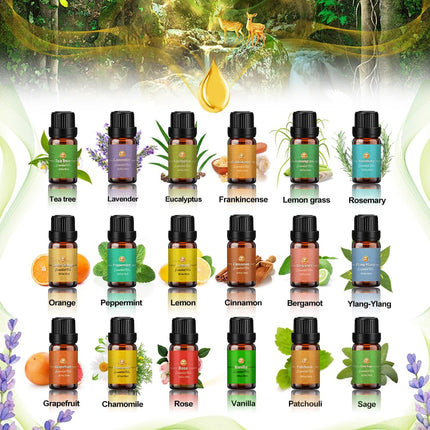 Ēterisko eļļu komplekts 18 x 10 ml, tējas koks, lavanda, eikalipts, vīraks, citronzāle, rozmarīns, apelsīns, piparmētra, citrons, bergamote, ilangilangs, greipfrūts, kumelīte, roze, vaniļa, pačūlija, salvija