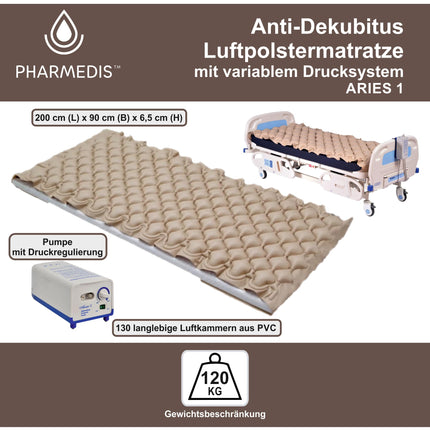 PHARMEDIS - Mainīga spiediena matracis uz aprūpes gultas ar matrača sūkni Aries - 200 x 90 cm izgulējumu matrači - pašpiepūšams gaisa matracis gulošiem pacientiem - pretizgulējumu matracis 90x200