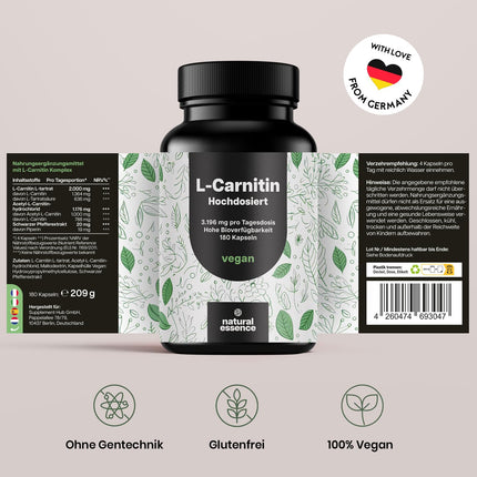 L-karnitīna kapsulas ar augstu devu 3196 mg - 180 kapsulas - L-karnitīna tartrāta, acetil-L-karnitīna komplekss - vegāns no Vācijas, laboratoriski pārbaudīts