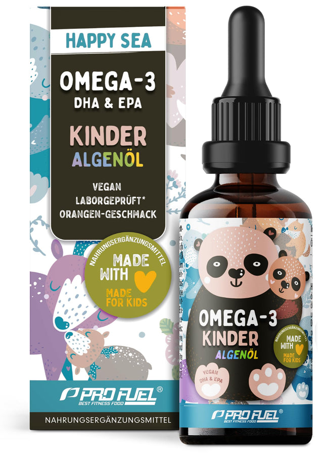 Omega-3 vegāns bērniem (50 ml) - DHA un EPA - Omega-3 aļģu eļļa ar 250 mg DHA un 130 mg EPA dienā - garda apelsīnu garša - laboratorijā pārbaudīts ar sertifikātu - 62 dienu piegāde - 100% vegāns