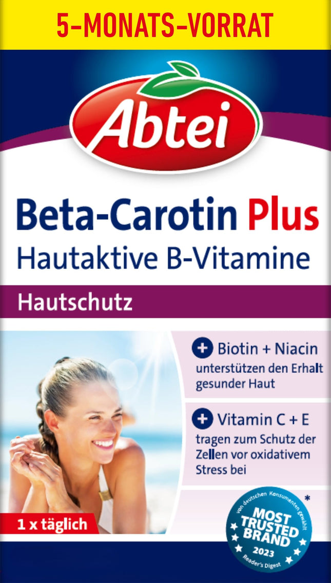 Abtei Beta-Carotene Plus – Veselīgas ādas uzturēšanai – Bez glutēna, bez laktozes – Lielapjoma iepakojums – 150 kapsulas 5 mēnešiem