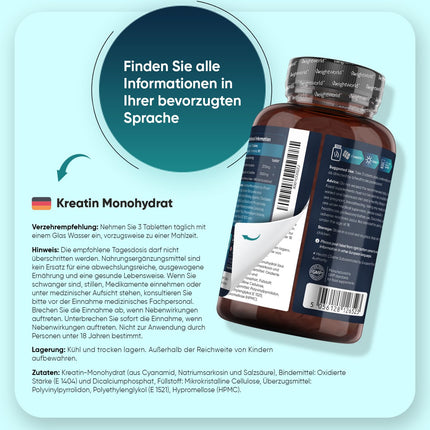 Kreatīna monohidrāta tabletes - 3000 mg vienā porcijā - 270 vegāniskas kreatīna tabletes - 3 mēnešu krājumi - kreatīns - kapsulu un pulvera alternatīva - bez glutēna un magnija stearāta - WeightWorld