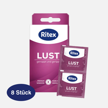 Ritex LUST prezervatīvi, ar radzēm un rievojumu, 8 gabali, ražoti Vācijā (1 gab. iepakojumā)