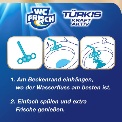 WC-Fresh Power Active Turquoise Rinse Sea Fresh (10 iepakojumi), tualetes tīrīšanas līdzeklis redzamai tīrīšanai ar tirkīza ūdeni, smaržakmeņi intensīvam tualetes aromātam