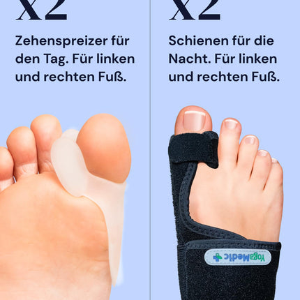 YOGAMEDIC Hallux valgus korekcijas komplekts - 2 pirkstu atdalītāji un 2 Hallux valgus šinas - 0% BPA pirkstu atdalītāja zolītes apaviem, āmurveida pirksta korekcija, pirkstu aizsardzības dienas un nakts pārsējs sievietēm un vīriešiem