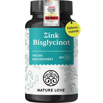 NATURE LOVE® Zinc - 365 tabletes (1 gads) - Augsta deva (25 mg): Cinka bisglicināts - Augsta biopieejamība Cinks - Vegāns, Laboratorijā Testēts, Izstrādāts Vācijā