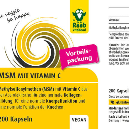 Raab Vitalfood MSM kapsulas, metilsulfonilmetāns, C vitamīns, 200 kapsulas, ļoti tīras, vegānas