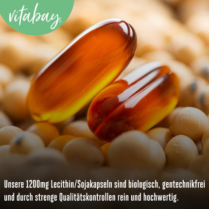 Vitabay Lecitīns 1200 mg | 120 vegānas sojas lecitīna mīkstās želejas | Sojas lecitīns ar fosfatidilholīnu | Pilnībā bioloģisks un bez ĢMO | Vitamīni zīdīšanas laikā ar E vitamīnu | L. Pulvera alternatīva
