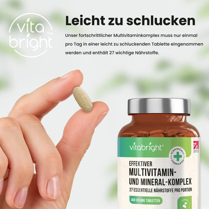 Multivitamīnu tabletes ar augstu devu - 400 mg vitamīnu, minerālvielu un uztura bagātinātāju dienas deva AZ Vitamīni + minerālvielas | Uztura bagātinātājs sievietēm/vīriešiem vegānu multivitamīnu komplekss, VitaBright