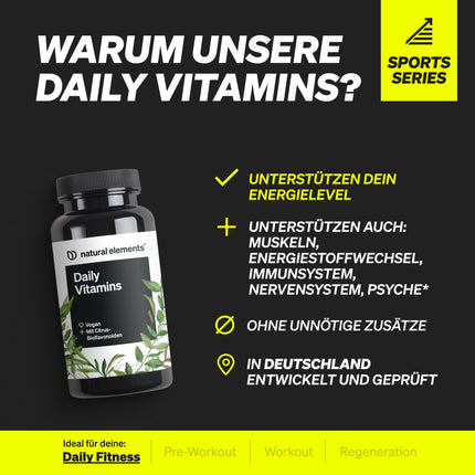 Dienas vitamīni – 120 multivitamīnu kapsulas – visi vērtīgie AK vitamīni – ideāli piemēroti sportistiem – vegāniem, ar augstu devu, bez nevajadzīgām piedevām – ražoti Vācijā un laboratorijā pārbaudīti