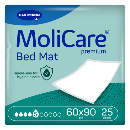 MoliCare Premium gultas paklājiņš 5 pilieni: gultas aizsargpaklājiņš ar absorbējošu serdi, kas izgatavota no celulozes pārslām, 60x90 cm, 25 gabali