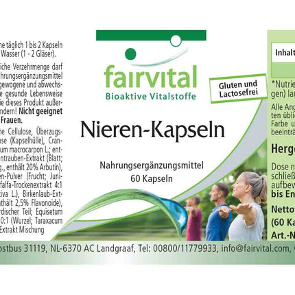 Fairvital | Nieru kapsulas - 60 kapsulas - AUGSTA DEVA - VEGĀNS - ar dzērvenēm, miltenēm, pienenēm un citām sastāvdaļām