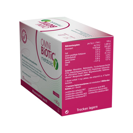OMNi BiOTiC vielmaiņas līdzeklis, 30 porcijas (90 g), 7 baktēriju celmi, 3 miljardi baktēriju vienā dienas devā, pulveris, veģetārs, bez glutēna, ikdienas lietošanai