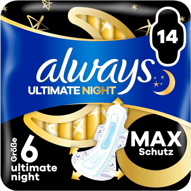Always Ultimate Night higiēniskās paketes (6. izmērs) spārniņi, 14 gabali