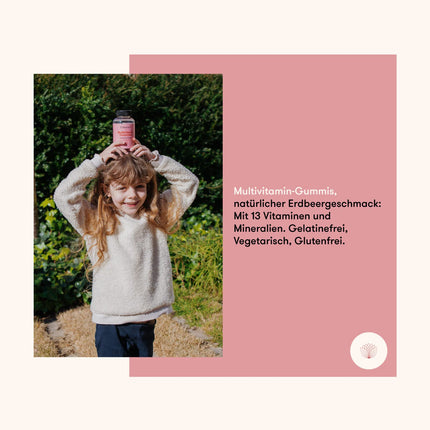 Multivitamīnu želejkonfektes bērniem, 120 gabali | Želejkonfektes ar 13 vitamīniem un minerālvielām (C vitamīns, D3 vitamīns, biotīns, folskābe, cinks un citi) | Ar zemeņu garšu