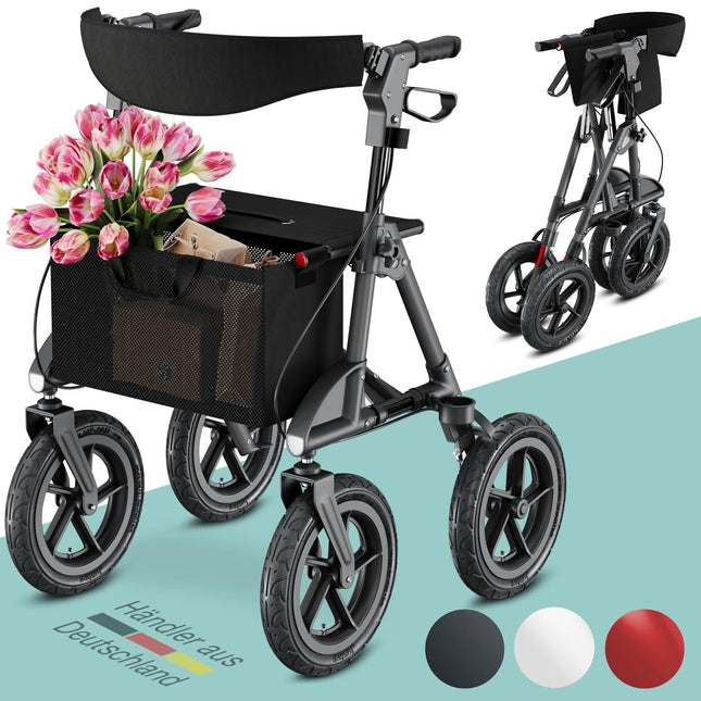 Salokāms un viegls maxVitalis Rollator ar sēdekli, āra rollator ar pneimatiskajām riepām, ieskaitot sēdekli, muguras siksnu, augstumā regulējamu alumīnija staigāšanas palīglīdzekli, ieskaitot somu un spieķu turētāju, antracīta krāsā