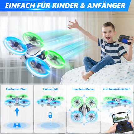Mini drons ar HD 720P kameru bērniem, tālvadības drons ar LED gaismām, kvadrokopters ar 3D pagriezieniem, bezgalvas režīmu un 3 baterijām, 21 minūtes ilgs lidojuma laiks, rotaļu drons-helikopters bērniem un iesācējiem