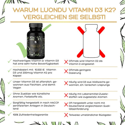 Luondu D3 vitamīns 10 000 SV + K2 vitamīns MK7 200 mcg Depot (augstas devas un vegāns) D3 K2 vitamīna kapsulas, augsta deva (180 kapsulas)