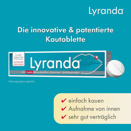 Lyranda pret aukstumpumpām ar laima garšu – 3000 mg L-lizīna lielā devā no aptiekas – 15 košļājamās tabletes