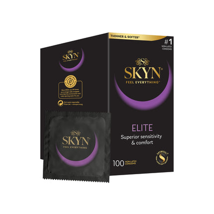SKYN Elite prezervatīvi, bez lateksa, Skynfeel, vīriešu prezervatīvi, standarta izmērs, īpaši plāni un mīksti prezervatīvi, gluda, taisna forma, 53 mm plati, 100 gab.