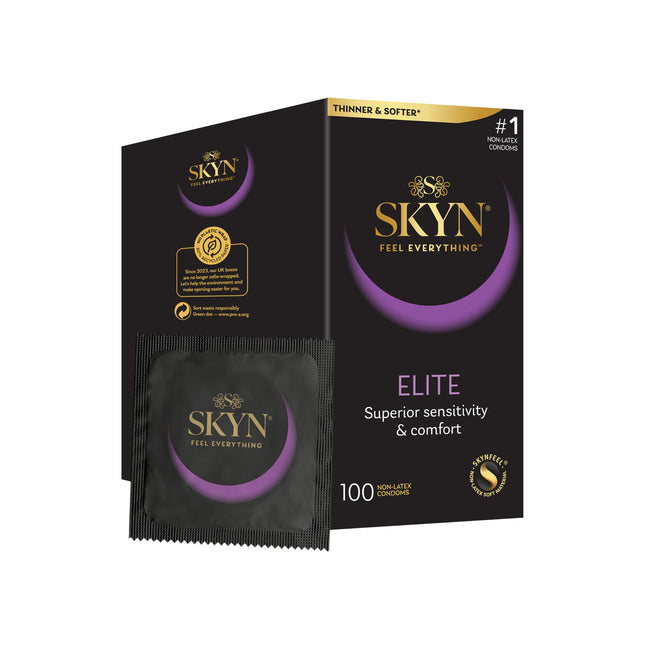 SKYN Elite prezervatīvi, bez lateksa, Skynfeel, vīriešu prezervatīvi, standarta izmērs, īpaši plāni un mīksti prezervatīvi, gluda, taisna forma, 53 mm plati, 100 gab.