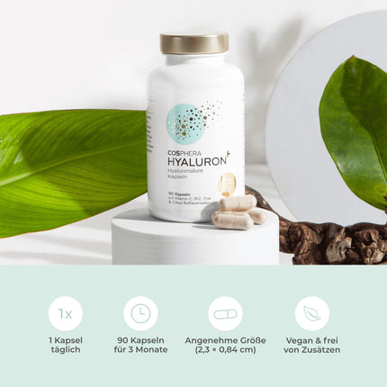 Hialuronskābes kapsulas ar augstu devu – 500 mg vienā kapsulā – 90 vegāniskas hialuronskābes kapsulas 3 mēnešu krājumā – 500–700 kDa I Bagātināts ar cinku, lai veicinātu normālas ādas un kaulu veselības uzturēšanu.
